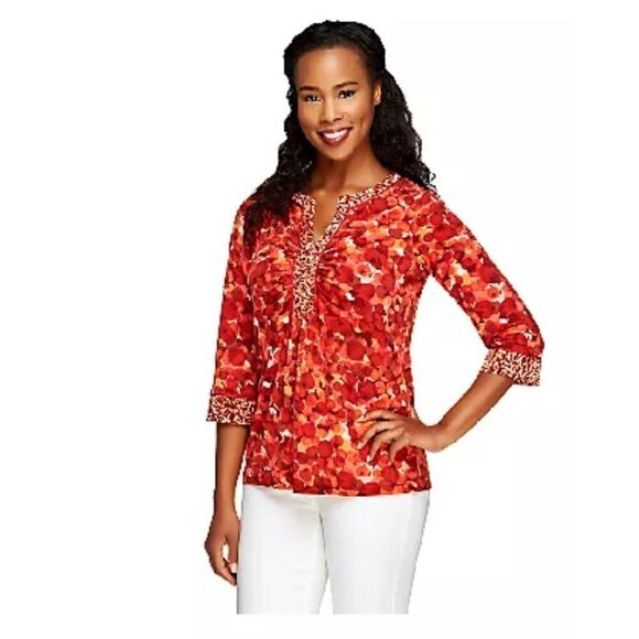 Susan Graver Womens Size 2X Liquid Knit Printed Top Brown Ruched Neckline NWT - Picture 5 of 6